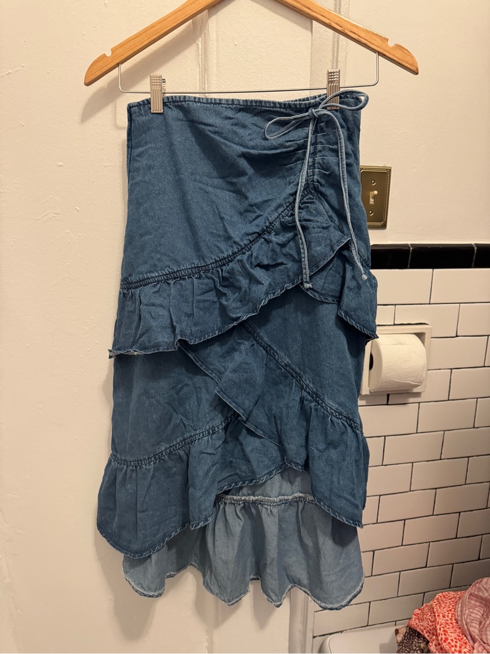 Women's Blue Denim Ruffled Wrap Midi Skirt